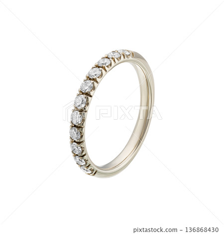 Yellow gold half eternity ring with round diamonds, isolated on white Yellow gold half eternity ring with round diamonds, isolated on white 136868430