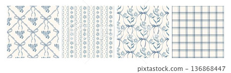 Set of seamless blue floral and ribbon patterns in vintage style. Delicate botanical textures and plaid background for fabric, wallpaper, wrapping paper, textile, and surface design. 136868447