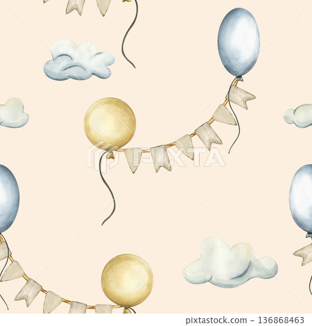 Seamless pattern with balloons, clouds and garlands with flags. Watercolor hand drawn illustration of festive decorations for kids wallpaper and wrapping paper. Ornament for kids goods 136868463