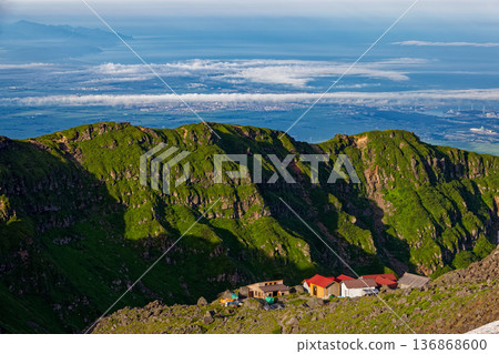 Morning view of Mount Chokai, Omonoki Shrine and the Sea of Japan Morning view of Mount Chokai, Omonoki Shrine and the Sea of Japan 136868600