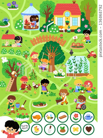 Vector searching game with garden landscape. Find the objects. Spot hidden plant, flower, bee, cat, chick. Rural seek and find printable activity for kids. Spring worksheet with kids gardeners Vector searching game with garden landscape. Find the objects. Spot hidden plant, flower, bee, cat, chick. Rural seek and find printable activity for kids. Spring worksheet with kids gardeners 136868792
