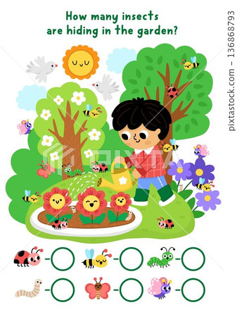 Vector searching and counting game with garden landscape, boy watering flowers, insects. Find the objects. Spot hidden butterfly, ladybird, worm. Rural seek and find printable activity for kids Vector searching and counting game with garden landscape, boy watering flowers, insects. Find the objects. Spot hidden butterfly, ladybird, worm. Rural seek and find printable activity for kids 136868793