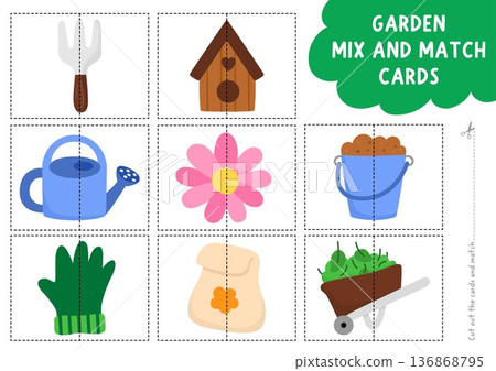 Vector garden mix and match puzzle. Matching activity for preschool kids with gardening symbols and tools. Spring printable game with watering can, flower, wheelbarrow, birdhouse, glove Vector garden mix and match puzzle. Matching activity for preschool kids with gardening symbols and tools. Spring printable game with watering can, flower, wheelbarrow, birdhouse, glove 136868795