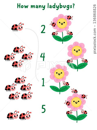Match the numbers simple garden game with flower and ladybugs. Spring rural country house math activity for preschool kids. Educational counting worksheet with plants and ladybirds Match the numbers simple garden game with flower and ladybugs. Spring rural country house math activity for preschool kids. Educational counting worksheet with plants and ladybirds 136868826