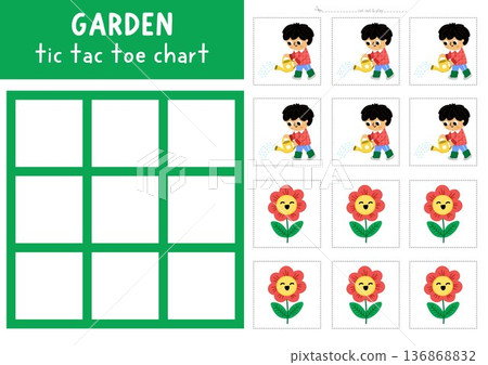 Vector garden tic tac toe chart with kid gardener watering flower. Spring board game playing field with cute character. Funny printable worksheet. Noughts and crosses grid with boy and plant Vector garden tic tac toe chart with kid gardener watering flower. Spring board game playing field with cute character. Funny printable worksheet. Noughts and crosses grid with boy and plant 136868832