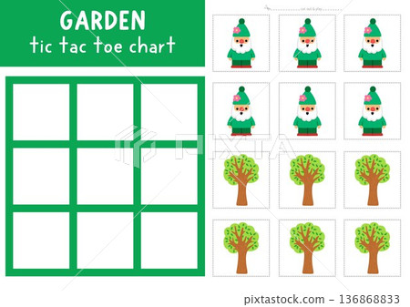 Vector garden tic tac toe chart with gardening gnome and tree. Spring board game playing field with cute symbols. Funny printable worksheet. Noughts and crosses grid Vector garden tic tac toe chart with gardening gnome and tree. Spring board game playing field with cute symbols. Funny printable worksheet. Noughts and crosses grid 136868833