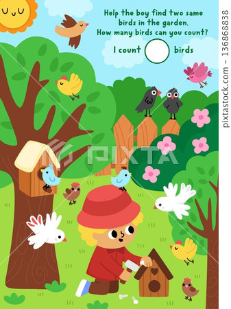 Vector searching and counting game with garden landscape, boy building birdhouse, trees, fence. Find two same birds. Spot hidden objects. Rural seek and find printable activity for kids 136868838