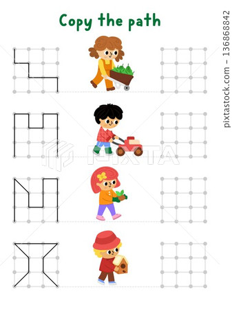 Garden drawing, writing, tracing, space orientation activity with children gardeners. Draw lines in square box according example. Spring holiday printable game with kids doing gardening work 136868842