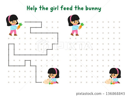Garden drawing, writing, tracing, space orientation activity for kids with girl feeding bunny with carrot. Draw lines in box according example. Spring printable game, puzzle with child gardener 136868843