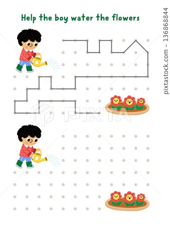 Garden drawing, writing, tracing, space orientation activity for kids with boy watering flowers. Draw lines in box according example. Spring printable game, puzzle with child gardener 136868844