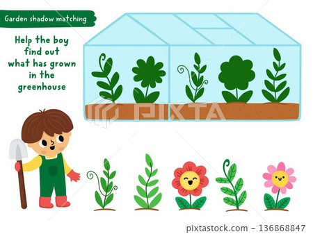 Garden shadow matching activity with boy gardener and greenhouse with flowers and plants. Spring puzzle for kids. Find correct silhouette printable worksheet, game, page for children 136868847