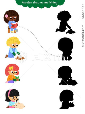 Garden shadow matching activity with children gardeners. Spring puzzle with cute kids planting seedling, reading book, digging. Find correct silhouette printable worksheet, game, page Garden shadow matching activity with children gardeners. Spring puzzle with cute kids planting seedling, reading book, digging. Find correct silhouette printable worksheet, game, page 136868852