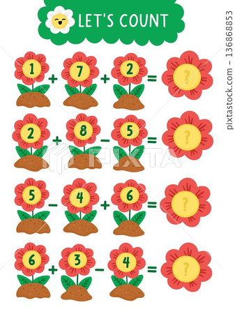 Simple garden math game with numbers in flowers. Spring rural country house math activity for preschool kids. Educational counting worksheet with plants on flower beds 136868853