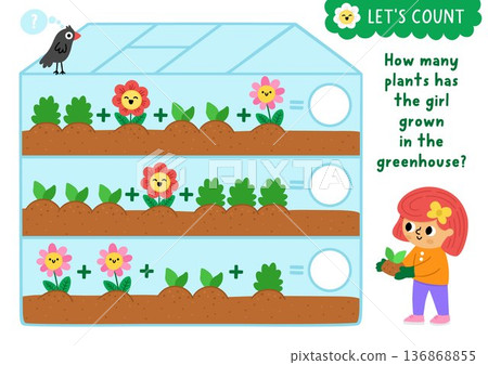 How many plants game with cute girl growing saplings in greenhouse. Spring math addition activity for preschool children. Simple printable counting worksheet for kids with gardener 136868855