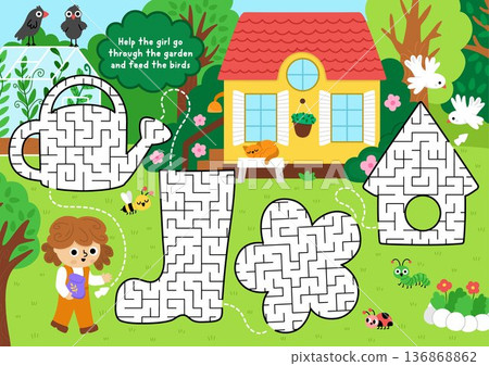 Garden maze with geometrical watering can, boot, flower, birdhouse. Simple labyrinth game. Spring country house printable activity or worksheet with gardener child and nature scene Garden maze with geometrical watering can, boot, flower, birdhouse. Simple labyrinth game. Spring country house printable activity or worksheet with gardener child and nature scene 136868862
