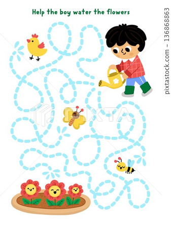 Garden maze with boy watering flowers. Simple labyrinth game. Spring country house printable activity or worksheet with gardener child doing gardening works, butterfly, bee, chick Garden maze with boy watering flowers. Simple labyrinth game. Spring country house printable activity or worksheet with gardener child doing gardening works, butterfly, bee, chick 136868863