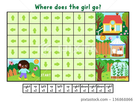 Garden logic maze for kids with girl and rural nature landscapes. Spring preschool printable activity with country house, greenhouse, pavilion. Labyrinth game or puzzle with left, right, up, down Garden logic maze for kids with girl and rural nature landscapes. Spring preschool printable activity with country house, greenhouse, pavilion. Labyrinth game or puzzle with left, right, up, down 136868866