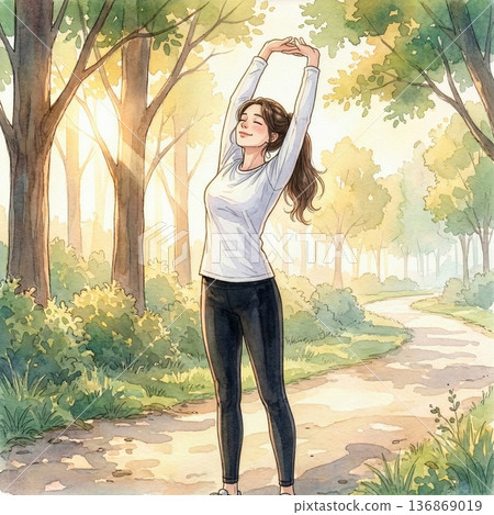 清晨，一個女孩在公園裡伸展。 136869019