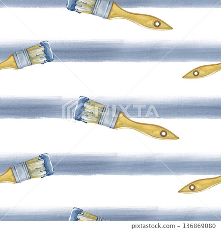 Seamless horizontal pattern with blue watercolor stripes and tassels on an isolated background. Watercolor illustration of a working tool for home renovation. Realistic repetitive background for 136869080