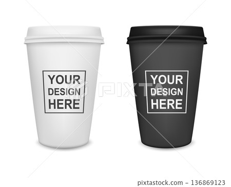 Vector 3d White and Black Takeaway Coffee Cups Mockup Set, Front View. Disposable To Go Paper Cup with Lid, Isolated. Realistic Branding Template for Logo Design Packaging and Cafe Promotion 136869123