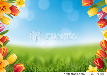 Spring Flower Floral with Tulips Daffodils Lilies and Nature Central 136869401