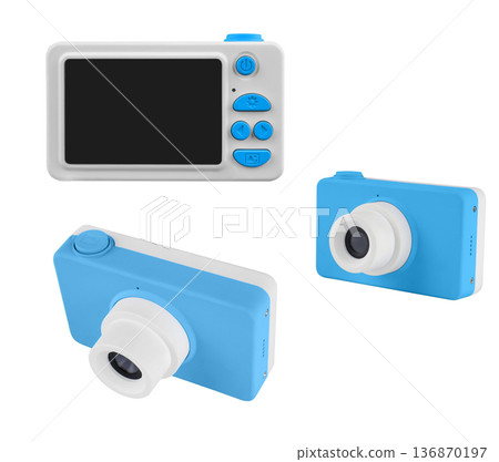 children's camera, on a white background in isolation, collage 136870197