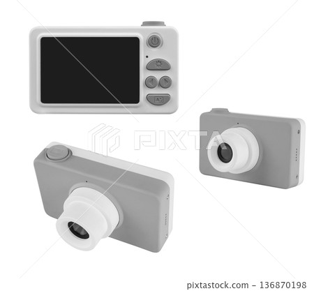 children's camera, on a white background in isolation, collage 136870198