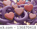 Heart-shaped cookies rest on colorful plastic loops during a fun decoration scene with bright colors and playful design 136870418