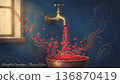 Heartfelt connection at a faucet pouring hearts into a bowl in a simple room with a window 136870419