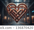 Pipes arranged in a heart shape inside an industrial space with a soft light effect in the background 136870420