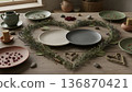 Decorative table setting with plates and natural elements for a gathering in a cozy indoor space meeting design 136870421