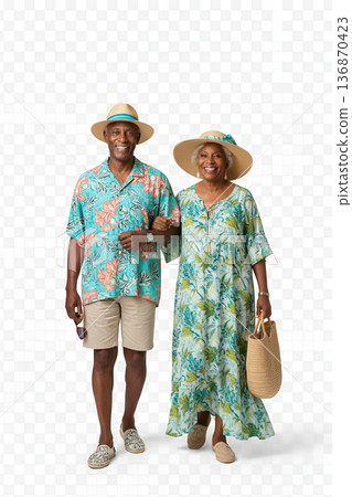 Couple walking together in tropical clothing holding hands in a casual outdoor setting on a sunny day 136870423