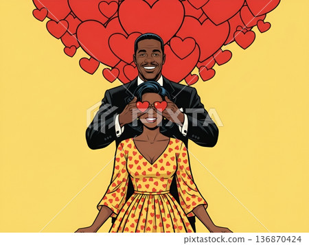 Afro Couple with hearts in background shares a moment of love during a fun celebration in a bright setting Afro Couple with hearts in background shares a moment of love during a fun celebration in a bright setting 136870424