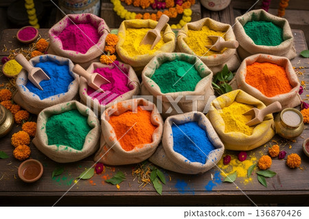 Bright colors of powdered pigments are arranged in bags for a holi festival in an art market during the daytime Bright colors of powdered pigments are arranged in bags for a holi festival in an art market during the daytime 136870426