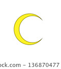 簡潔的黃色新月插圖。月亮圖示素材。夜空主題。自然設計。 136870477