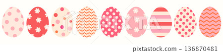 Pink Vector Easter Eggs Set, Decorated Egg Shapes with Dots, Stripes and Flowers for Holiday Cards and Designs 136870481