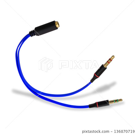 audio cable, adapter cord, on white background with shadow 136870719