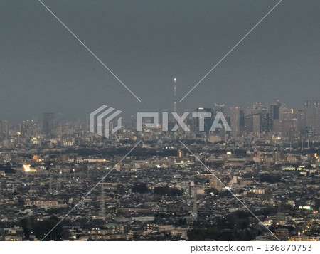 Bird's-eye view of Tokyo Skytree and the Tokyo cityscape above Mitaka 136870753