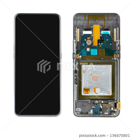 Spare part for the phone, the screen for the phone view from both sides on a white background in isolation 136870801