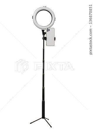 tripod with a lamp for a selfie, on a white background in isolation tripod with a lamp for a selfie, on a white background in isolation 136870851