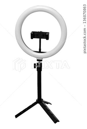 Selfie ring lamp with tripod, isolated on white background Selfie ring lamp with tripod, isolated on white background 136870863