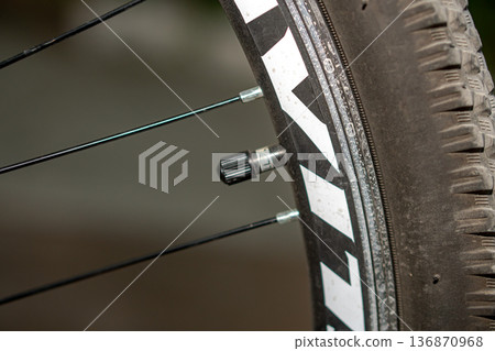A valve with a cap on a bicycle wheel 136870968