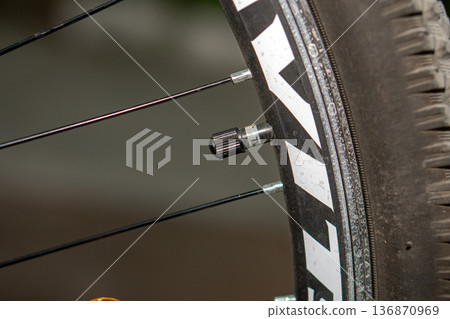 A valve with a cap on a bicycle wheel A valve with a cap on a bicycle wheel 136870969