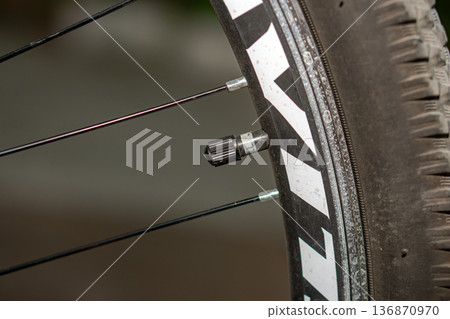 A valve with a cap on a bicycle wheel 136870970