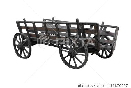 Old decrepit wagon on four wheels on a white background isolated Old decrepit wagon on four wheels on a white background isolated 136870997