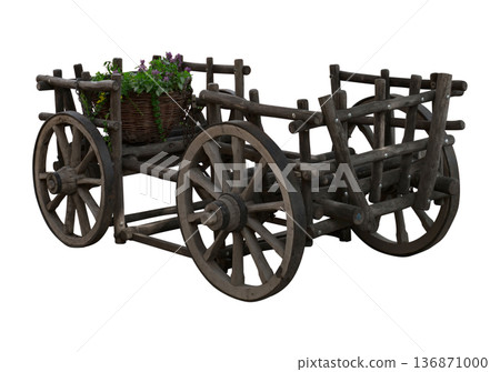 Old wooden cart with a pot of flowers inside on a white background isolated 136871000
