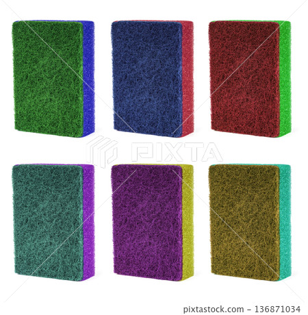 sponge for washing dishes, on a white background in isolation, collage sponge for washing dishes, on a white background in isolation, collage 136871034