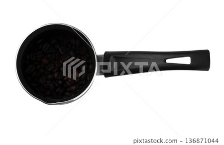 cezve coffee pot, coffee brewing tool, with coffee beans in the inside, on a white background cezve coffee pot, coffee brewing tool, with coffee beans in the inside, on a white background 136871044