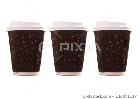 Three disposable coffee glasses with a lid on a white background in isolation Three disposable coffee glasses with a lid on a white background in isolation 136871137