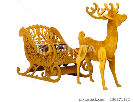 Deer and sleigh, decorative woodwork, isolated on white background 136871153